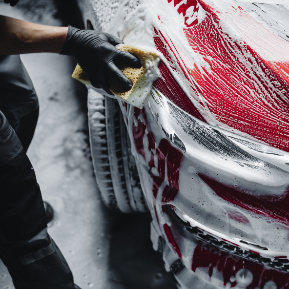 Czerwone auto myte przez osobę gąbką. Piana na karoserii