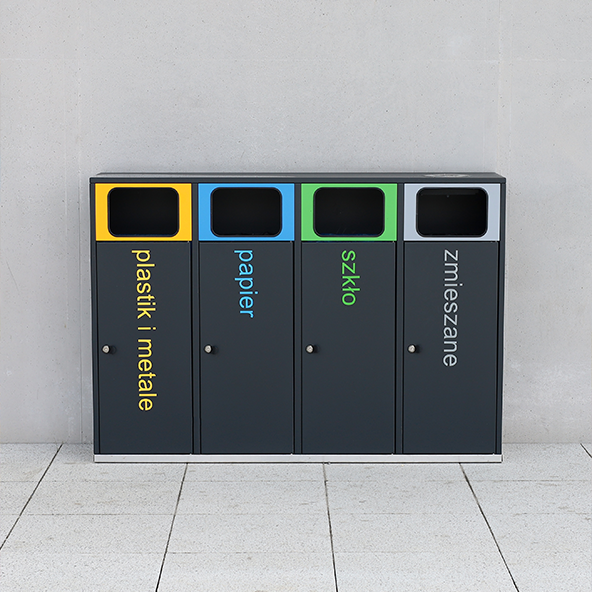 Pionowe zdjęcie nowoczesnych koszy recyklingowych o minimalistycznym tle, polskie opisy koszy.